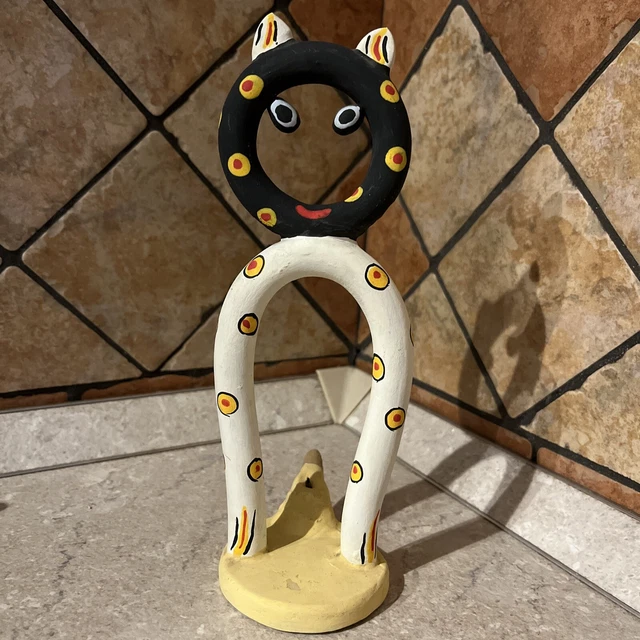 Gatto con fischietto in terracotta Dipinto A Mano Italia