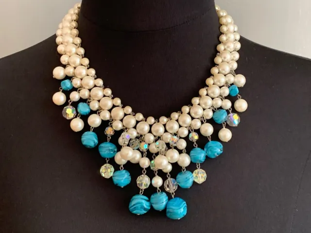 Superb Vintage 1950s French Designer Necklace -Blue Glass Beads &Fantasy Pearls
