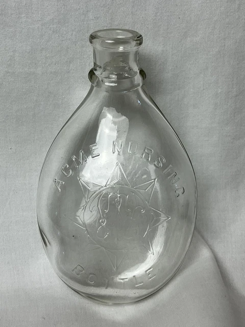 Antique Vtg Oval Glass ACME Nursing Bottle Angled Neck Infant Nurser Baby 8oz