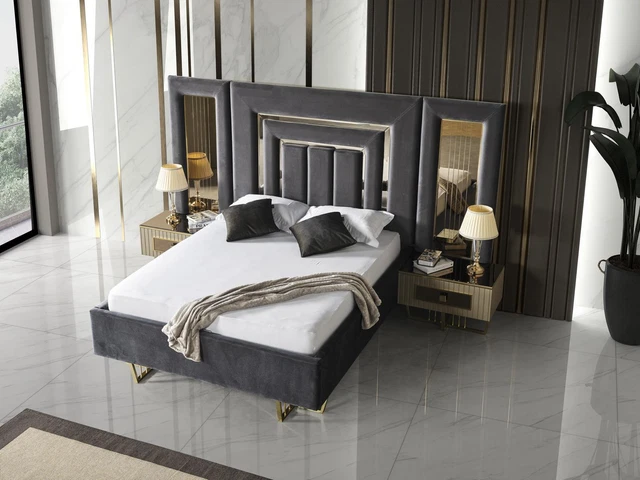 XL Säulenbett Baroque Double Bed 180x200 Velvet Solid Mahogany