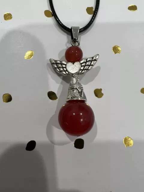Code 005 Stunning Red Agate Angel Archangel Wings Necklace Black Cord