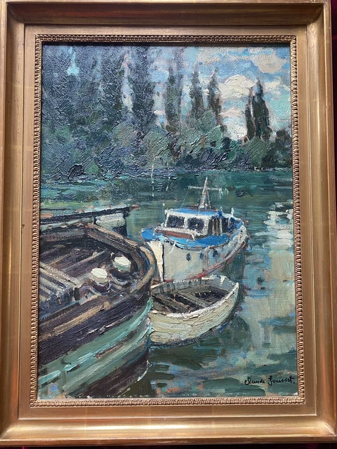 Tableau expressionniste  Neuilly la seine bateaux Peinture signée Claude Jousset