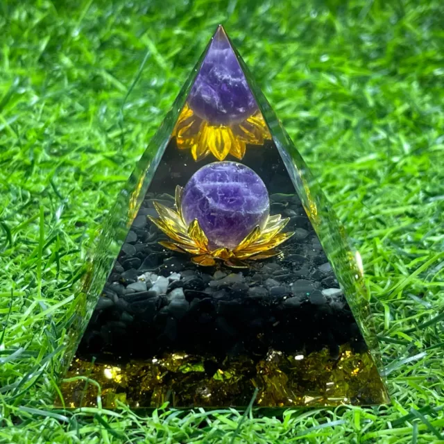 Orgonite Pyramid lotus Amethyst Sphere with obsidian gem Chakra Meditation 1pc