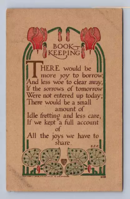 "Book Keeping" Beautiful Antique Volland Arts & Crafts Nouveau Postcard 1909