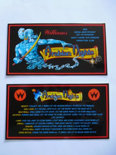 'TALES OF THE ARABIAN NIGHTS' Williams 1996 Custom Instruction/Apron Cards (New)