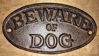 "Beware of Dog" Sign Oval Plaque made of cast iron metal Brown patina finish 7"