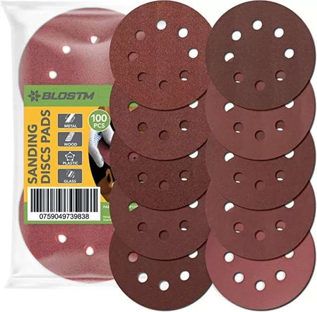 100PCs BLOSTM 125mm Sanding Discs Orbital Sander 8 Hole Pads 40 - 800 Mixed Grit