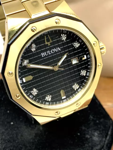 Bulova Men's Watch 98D182 Quartz Diamond Black Dial Gold Stainless Steel 44mm