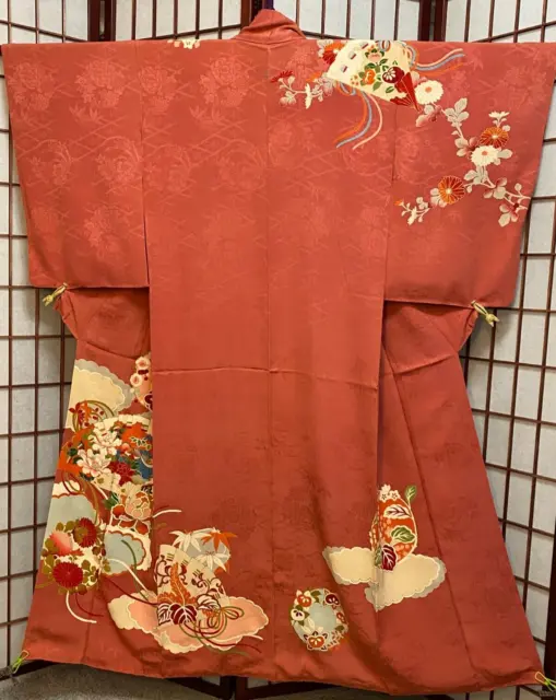 Antique Rinzu Silk Kimono with Mandarin Ducks, Floral Crests & Fans