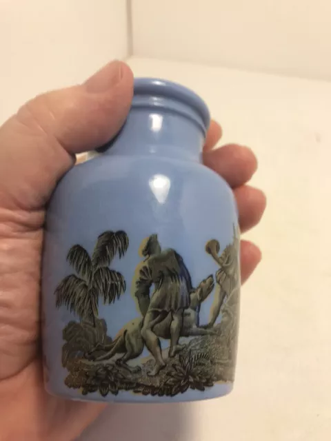 1860’s Blue Prattware Potted Meat Bottle boar scene with dogs horses UK