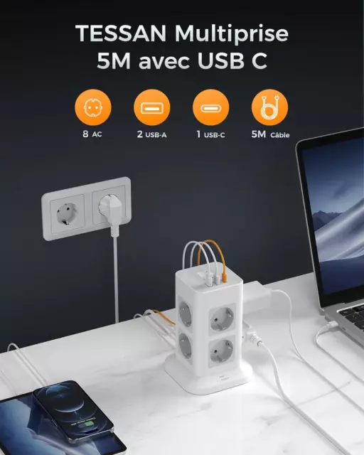 Multiprise Tour Parafoudre Parasurtenseur Avec 8 Prises Et 3 USB, Prise Multiple 2