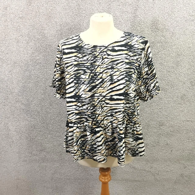 New Look White Black Satin Top Blouse Tshirt Frill Hem Zebra Abstract Y2K Uk 14