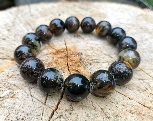 Bracelet Noir Perlé Ambre Baltique Naturel Perles Rondes Chunky 15.5mm