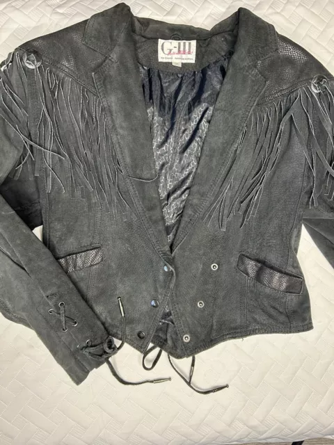 G-III LEATHER FASHIONS Black Fringe Leather Vintage Jacket Size M $50. ...
