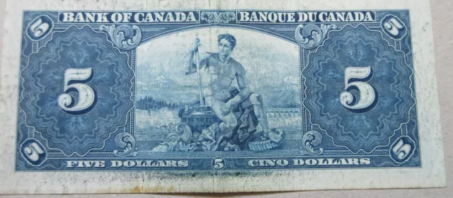 1937 Bank of Canada Five Dollars Bill. F - VF $5 Bank Note 2