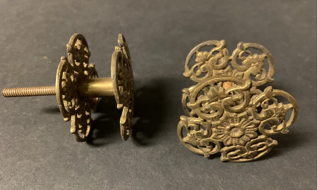 Pair of 2 Antique Victorian Ornate Brass Hardware Curtain Tie Back Drawer Knob