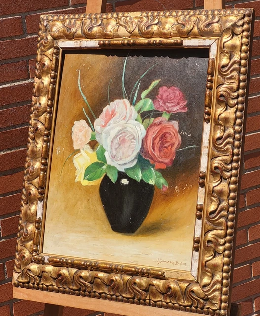 TABLEAU PEINTURE SUR carton bouquet de fleurs signé Magdeleine