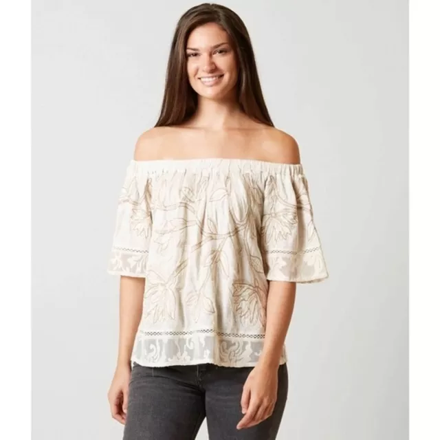 Lucky Brand On Off Shoulder Top Embroidered Lace Linen Bld Neutral Elastic Neck