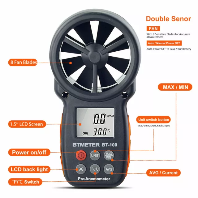 BTMETER Digitaler Windmesser LCD windgeschwindigkeit Luftdurchflussmesser Handwi 3