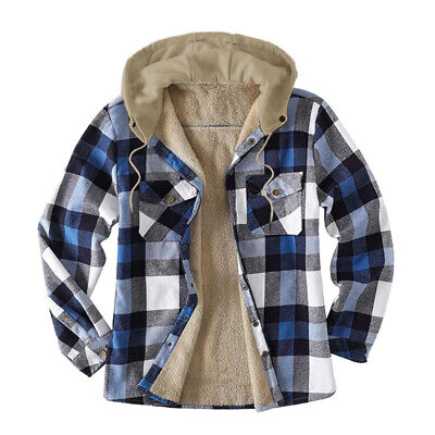 Mens Flannel Jacket Coat Cardigan Fleece Lined Plaid Hooded Shirts Winter Warm
