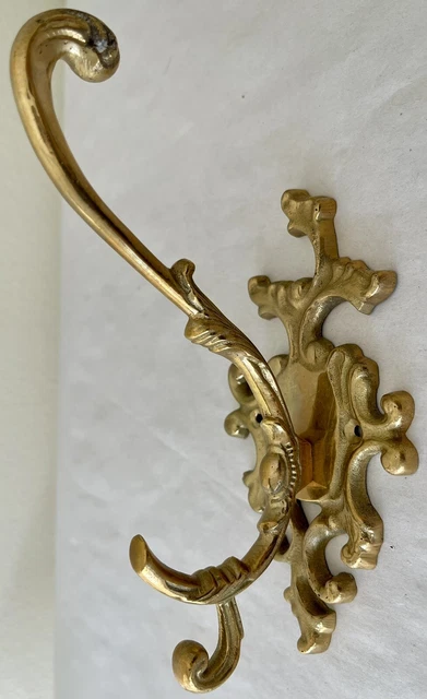 Set of 2 Vtg Antique Style Ornate Solid Brass Triple Coat Key Hat Hanger Hooks 3