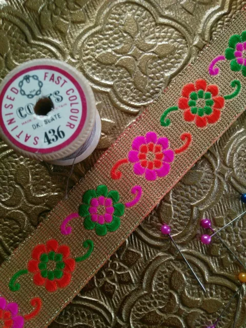 Gold Lurex Floral Embroidered Ribbon Jaquard Trim Pink, Orange & Green 33mm