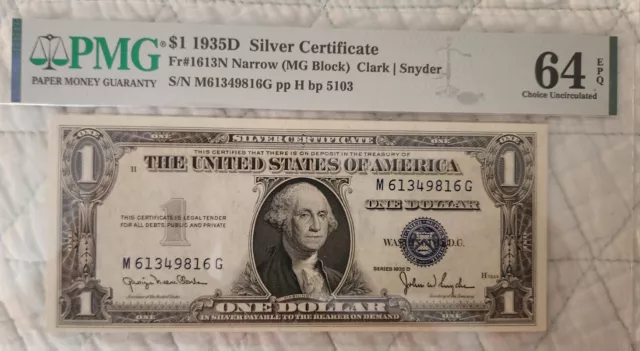 1935D $1 Silver Fr. 1613N Narrow MG Block PMG Ch Unc 64 EPQ Serial M61349816G