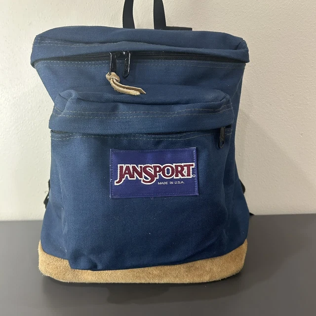 VINTAGE JANSPORT BACKPACK Suede Leather Bottom Bucket Zip Blue Day Pack