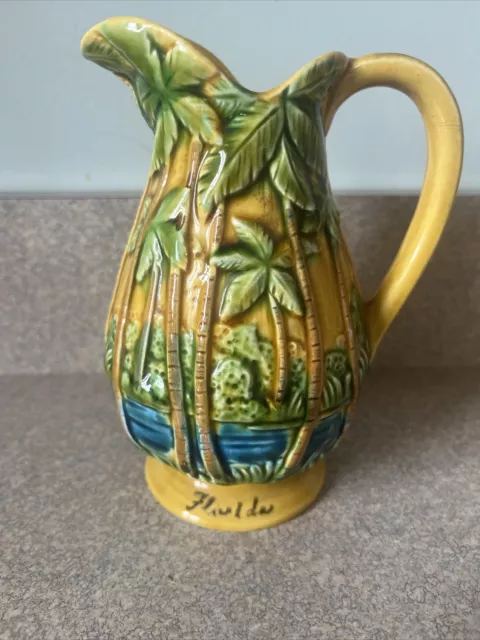 Vintage Beach Theme Palm Tress Pitcher Yellow/Green/Blue 5.5” Hand-painted Cool!