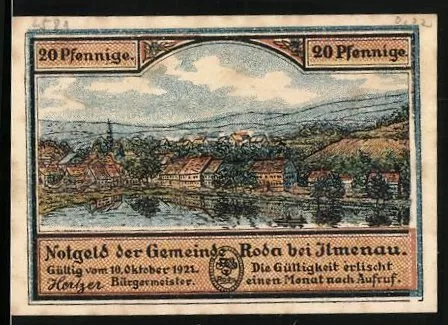 Notgeld Roda bei Ilmenau, 20 Pfennig, Ortsansicht am Fluss, Dicke Eiche und der