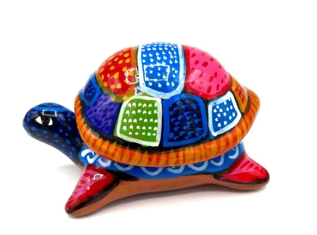 Vintage Terracotta Pottery Turtle Trinket Box Hand Painted Mexico Folk Art 4X2