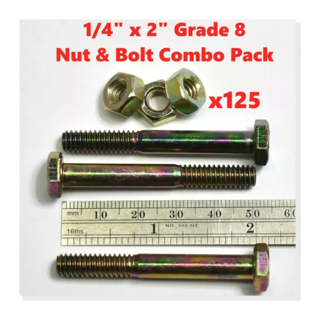 (125) 1/4in x 2" Nuts and Bolts - GRADE 8 - Partial Thread - Yellow Zinc