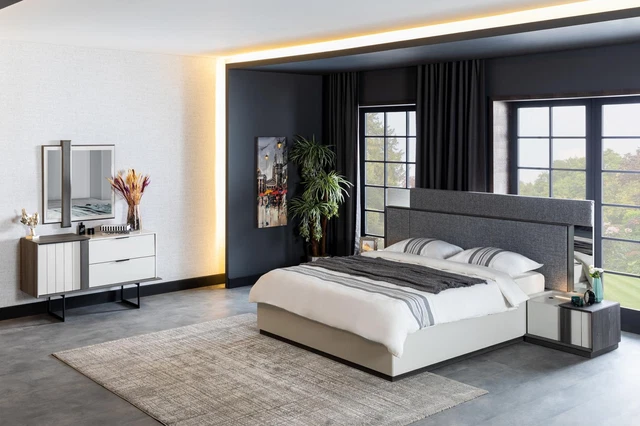 Chambre à Coucher Set Complet Lit 2x Table de Chevet Commode Miroir Blanc Neuf