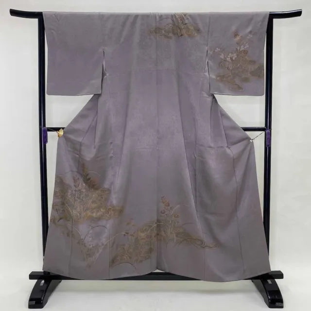 vintage Japanese Kimono "HOUMONGI" Silk L size B rank gray kimono  1385