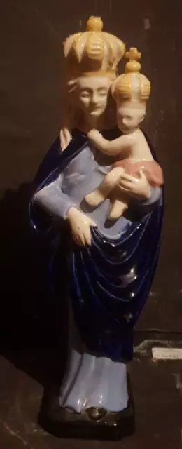 Art Religieux Statuette Faïence Vierge à l'enfant XIXeme ? Couleur Magnifique