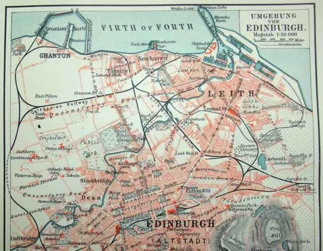 Edinburgh Scotland - Original 1905 German Language City Map by Meyers.  Antique 2