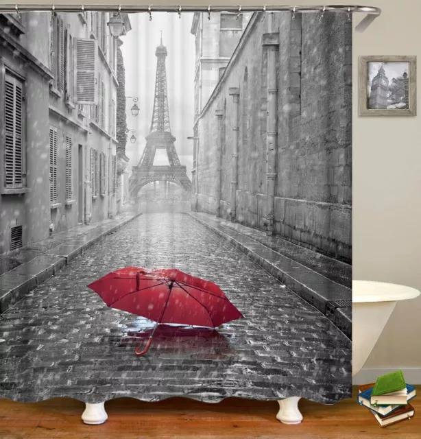 Eiffel Tower Shower Curtain, Red Umbrella Paris France Street Landscape Bath ...