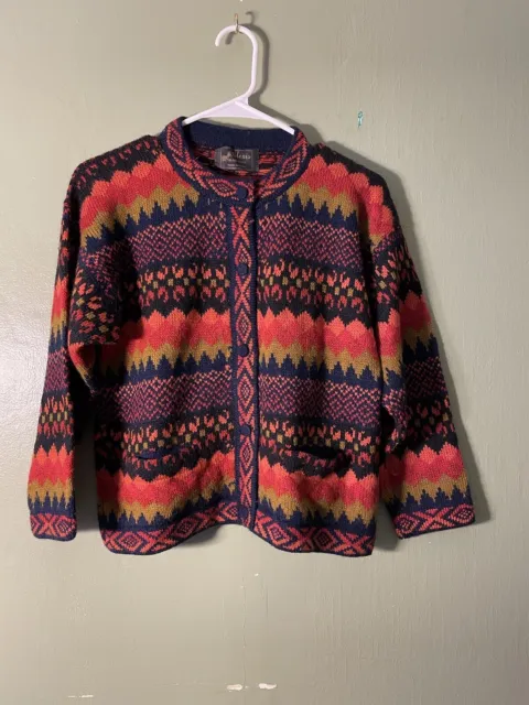 Vintage Alexis M Cardigan Sweater 100% Baby Alpaca Made In PERU Multicolored