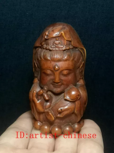 H 8 CM Old Chinese boxwood hand carved Avalokitesvara Statue desk Decoration