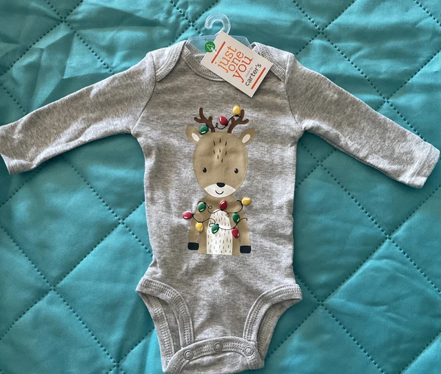 Carters Infant NB Boys Gray Reindeer With Lights Christmas Long Sleeve Snaps