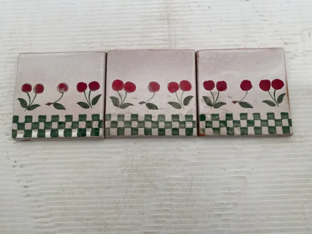 3 Vintage  Tiles Hand Painted cherry and leaves 4 1/4 x 4 1/4 x  3/8