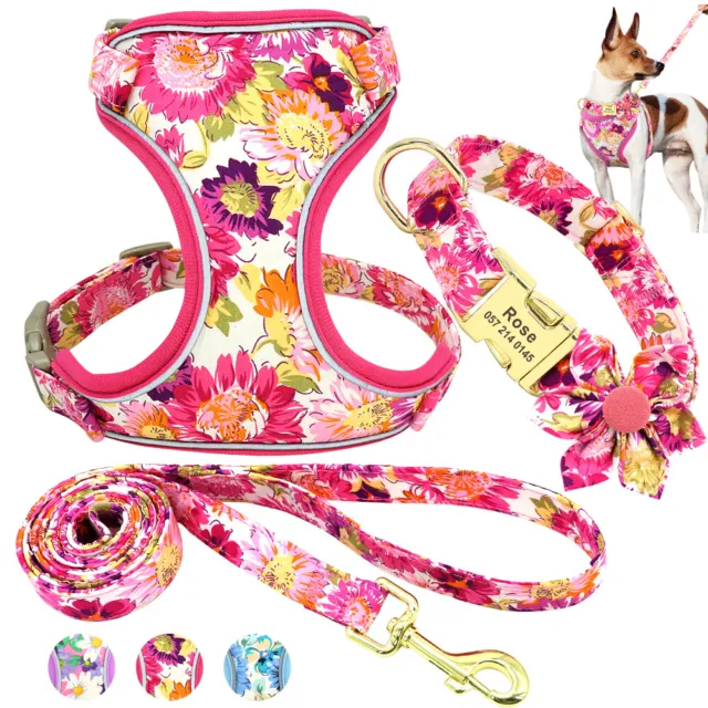 Floral Dog Harness & Personalised Pet Collar & Walking Lead Mesh Padded Vest S-L