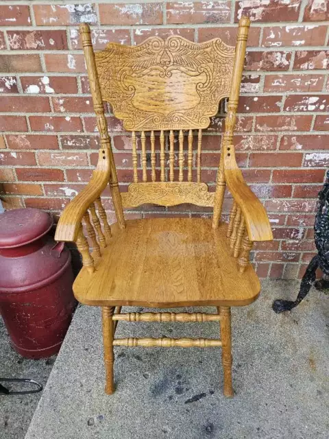 Vintage Solid Oak Captains Dining ArmChair Carved Spindles Carved Back Rest