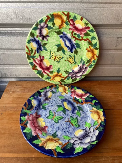 Lot 2 Vintage Maling England Majolica Hand Painted Butterfly Floral 11" Plates