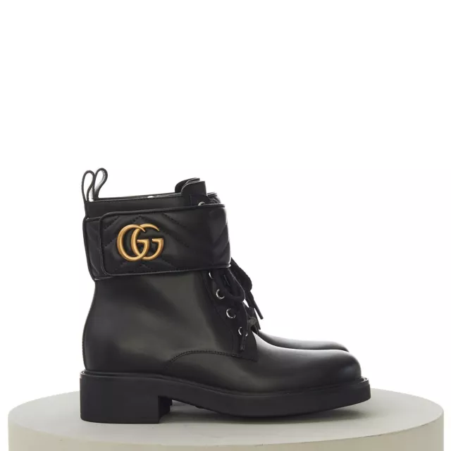 GUCCI 1250$ BLACK Leather Lace-Up Ankle Boot - Matelasse, Metal GG