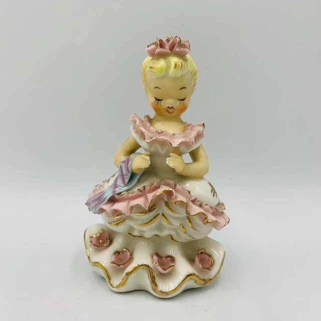 Vtg Mid Century HB Japan Kitsch Girl w/ ruffles roses holding scarf HHB Figurine