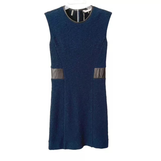 Rebecca Taylor Sheath Dress Size 4 Boucle Tweed Navy Sleeveless Leather Waist
