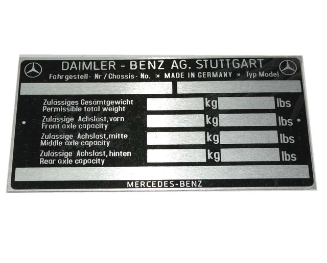 MERCEDES BENZ CHASSIS Data Plate For Mercedes 170 220 300 Models S2u