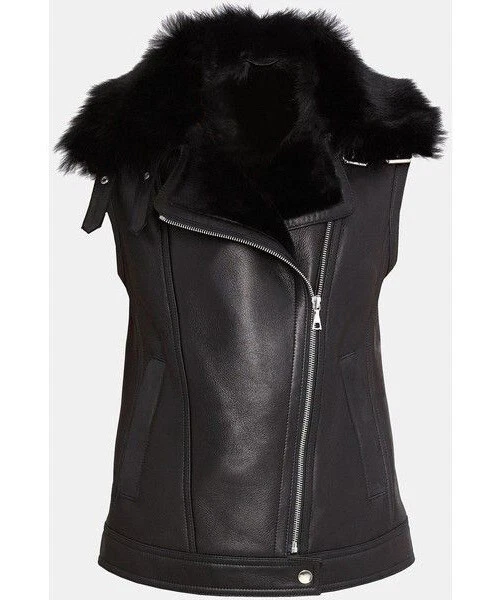 $1775 THEORY Pomono Lamb Leather Shearling Fur Black Moto Biker Gilet Vest XS