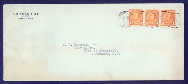 CANADA 1938 1c ARCH COIL STRIP OF 3 COVER